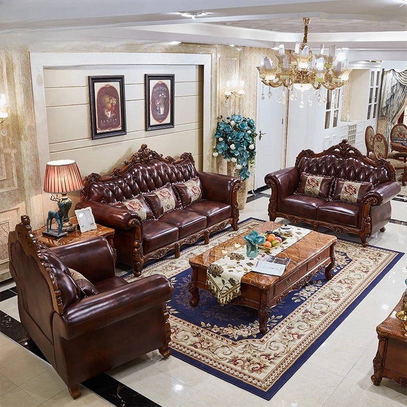 European leather sofa 123 combination living room solid wood carving flower first layer cowhide antique high-end large apartment
European leather sofa 123 combination living room solid wood carving flower first layer cowhide antique high-end large apartment