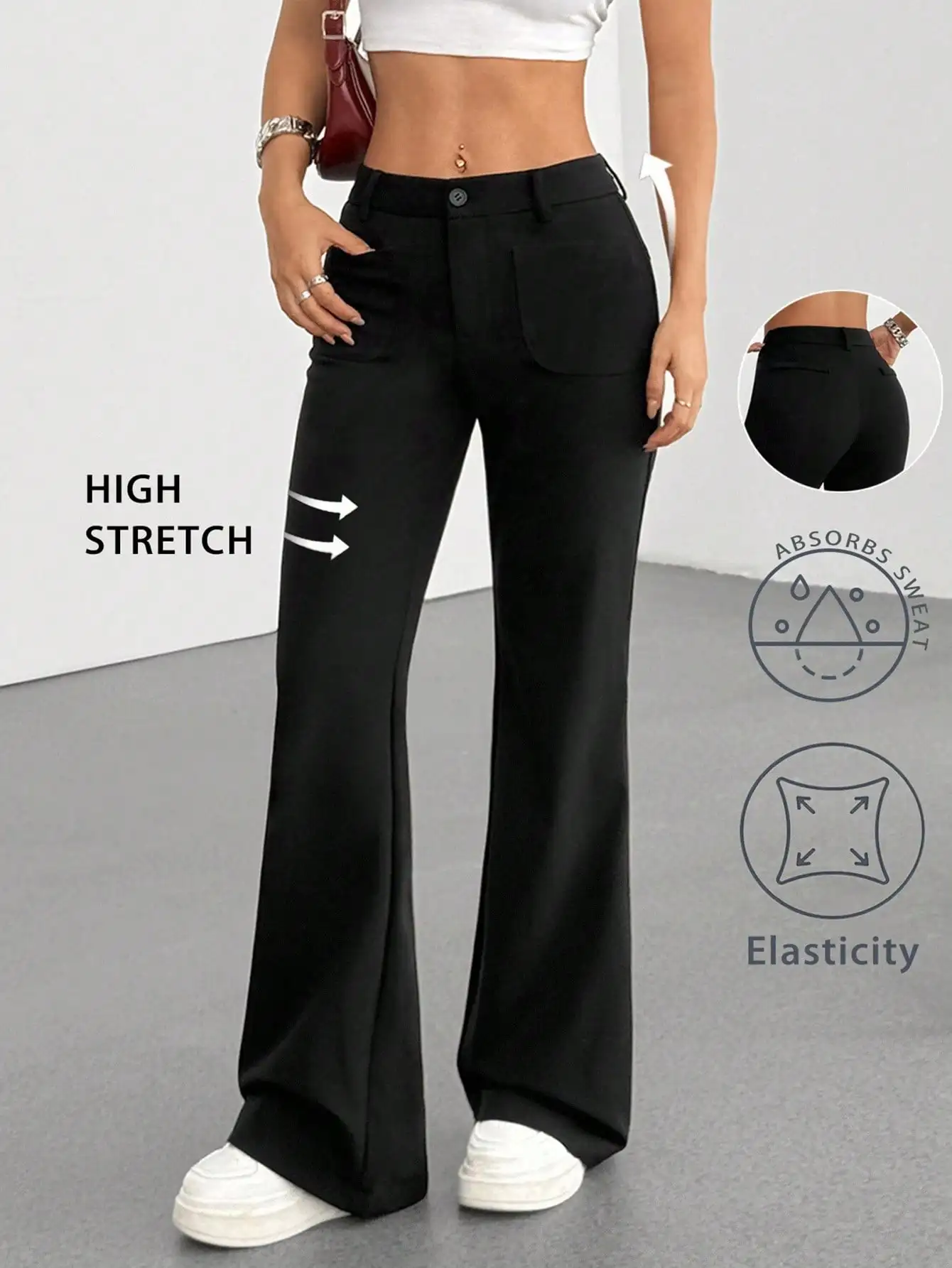 Женские черные трикотажные брюки-клеш с высокой эластичностью, низкой посадкой, для повседневной носки и поездок на работу
Женские черные трикотажные брюки-клеш с высокой эластичностью, низкой посадкой, для повседневной носки и поездок на работу