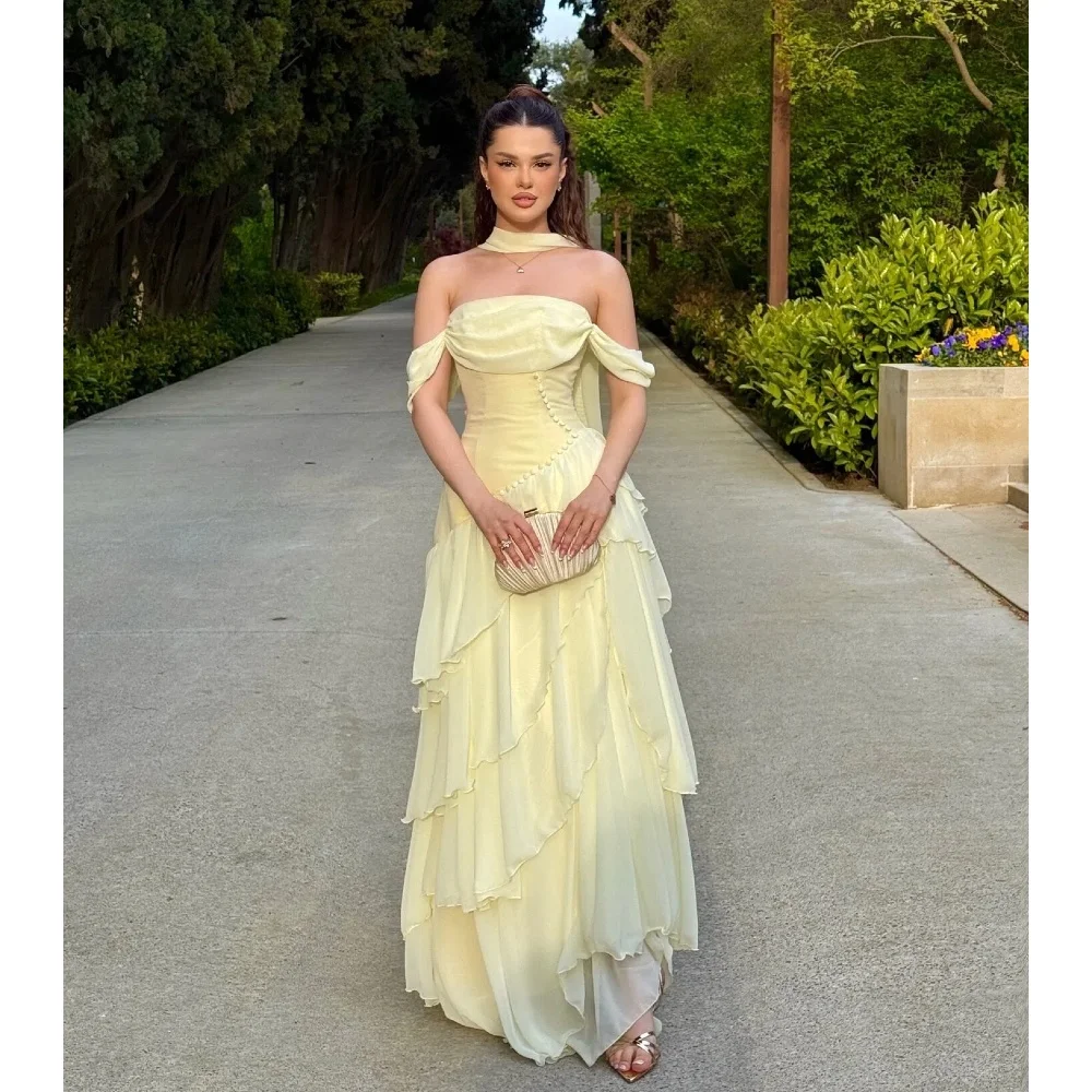 Off Shoulder Yellow Women Prom Dresses Soft Tiered Chiffon A Line Evening Gowns Floor Length Customized Special Occasion Gowns
Off Shoulder Yellow Women Prom Dresses Soft Tiered Chiffon A Line Evening Gowns Floor Length Customized Special Occasion Gowns