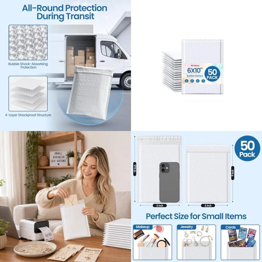 Bubble Mailers 6x10 Inch 50 Pack, Usable Size 6x9, Self Seal Waterproof Padded Envelopes, Opaque Bubble Envelopes for Small Bus
Bubble Mailers 6x10 Inch 50 Pack, Usable Size 6x9, Self Seal Waterproof Padded Envelopes, Opaque Bubble Envelopes for Small Bus