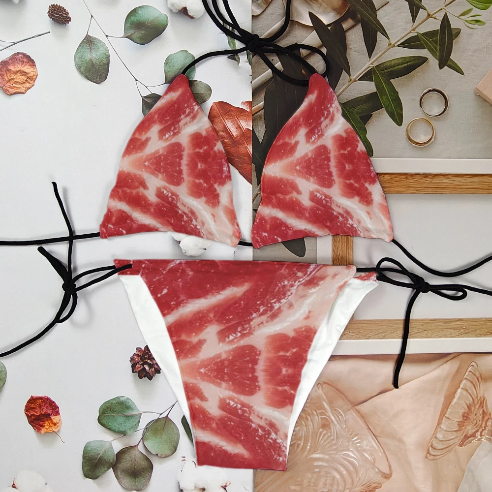 Hot food bikini set 3D printed pork belly steak pattern swimsuit sexy backless mid waist lace-up bikini Surprise gift for friend
Hot food bikini set 3D printed pork belly steak pattern swimsuit sexy backless mid waist lace-up bikini Surprise gift for friend