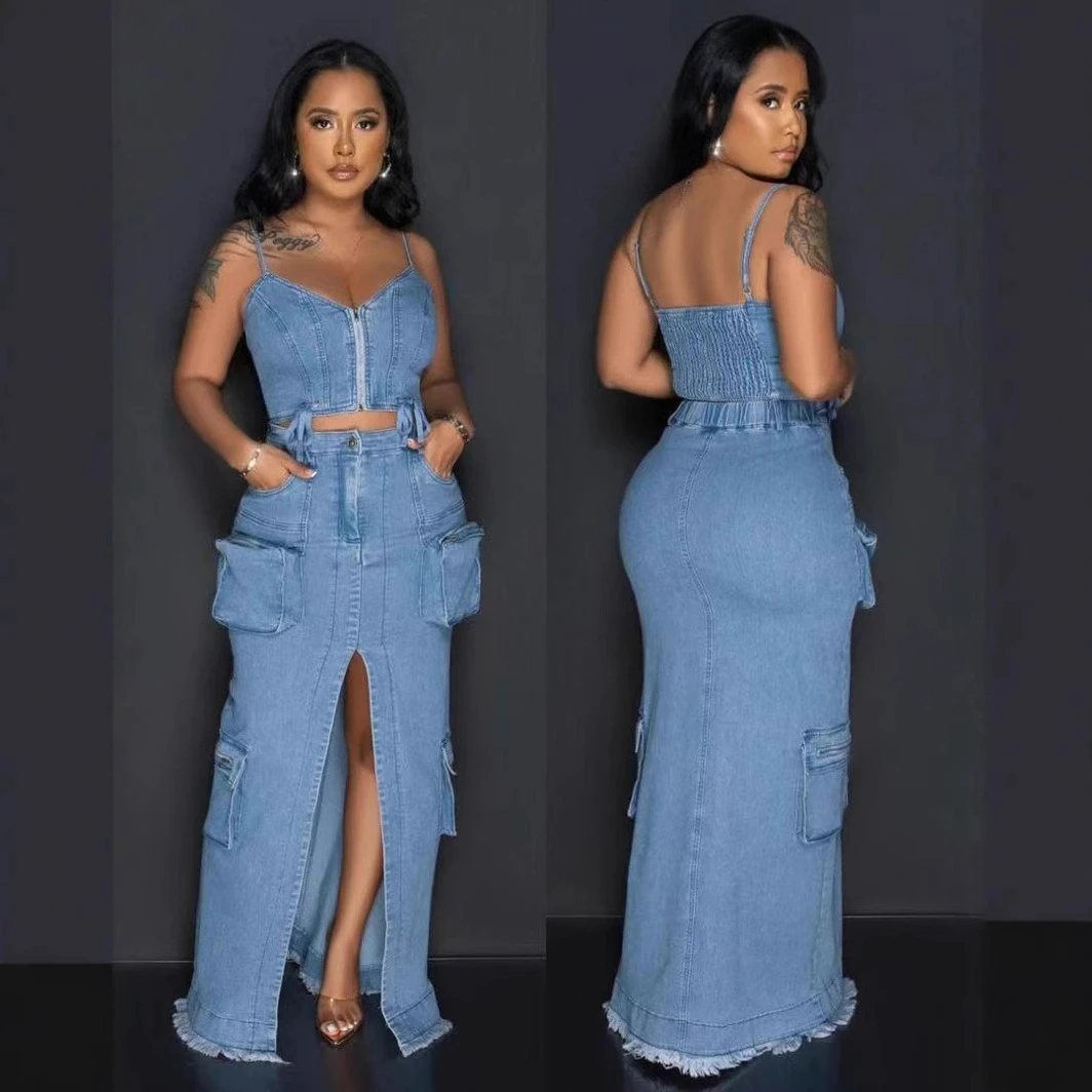 Spring Summer New Cargo Design Denim Two-piece Set,Fashion and Sexy Women's Zipper Halter Short Top, Slit Half Body Long Skirts
Spring Summer New Cargo Design Denim Two-piece Set,Fashion and Sexy Women's Zipper Halter Short Top, Slit Half Body Long Skirts