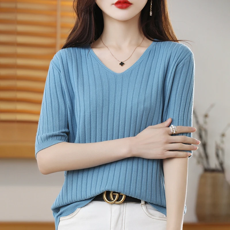 Women Sweater Spring Summer Short Sleeve Knitted Tops Slim Fit Pullovers Strecth V-neck Stripe Korean Fashion Bottoming Shirt
Women Sweater Spring Summer Short Sleeve Knitted Tops Slim Fit Pullovers Strecth V-neck Stripe Korean Fashion Bottoming Shirt