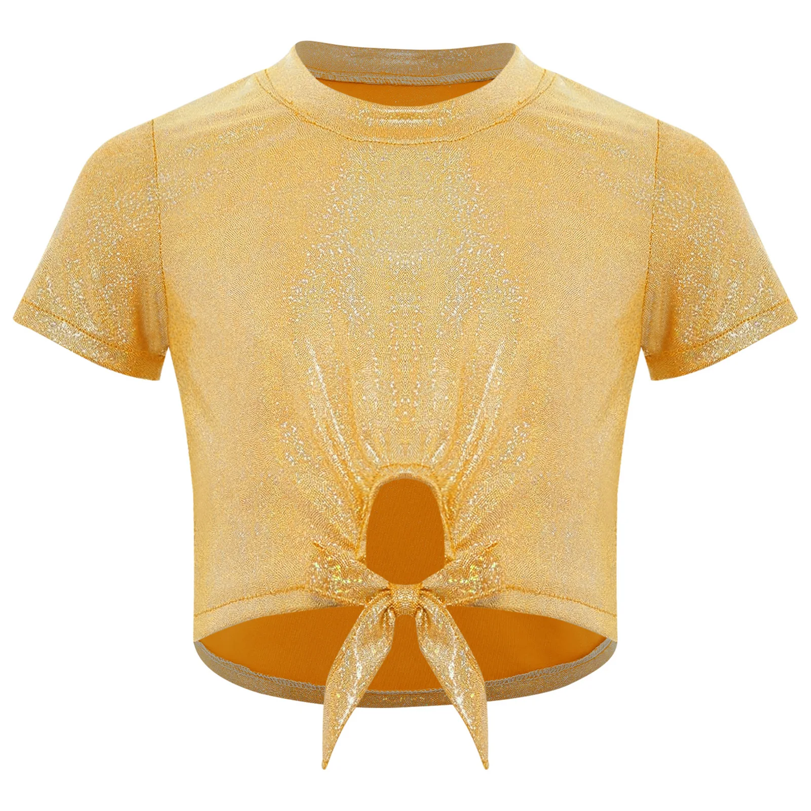 Kids Girls Lace-Up Cutout Hem Metallic Crop Top Round Neck Short Sleeves T-shirt for Cheerleading Jazz Dance Stage Performance
Kids Girls Lace-Up Cutout Hem Metallic Crop Top Round Neck Short Sleeves T-shirt for Cheerleading Jazz Dance Stage Performance