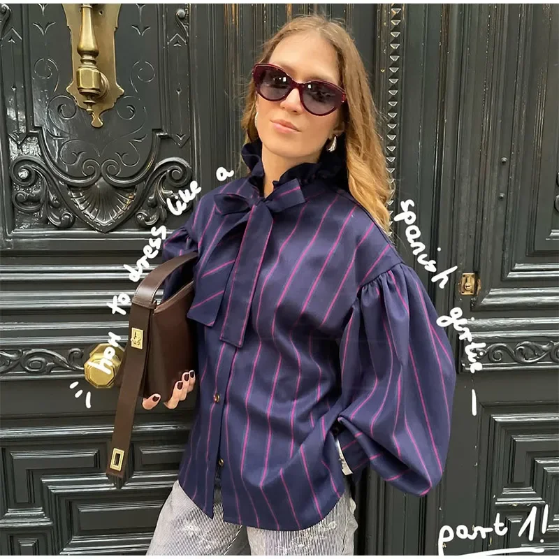 Casual Women Stripe Stand Collar Shirts Fashion Single Breasted Flounce Long Sleeve Chic Tops Camisas De Mujer
Casual Women Stripe Stand Collar Shirts Fashion Single Breasted Flounce Long Sleeve Chic Tops Camisas De Mujer