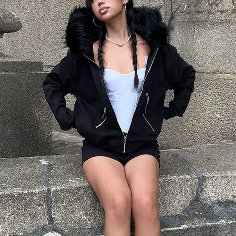 Gothic Dark Faux Fur Collar Hooded Zip up Hoodie Grungy Style Women's Sweatshirt Trendy Streetwear Casual Comfortable Fit
Gothic Dark Faux Fur Collar Hooded Zip up Hoodie Grungy Style Women's Sweatshirt Trendy Streetwear Casual Comfortable Fit
