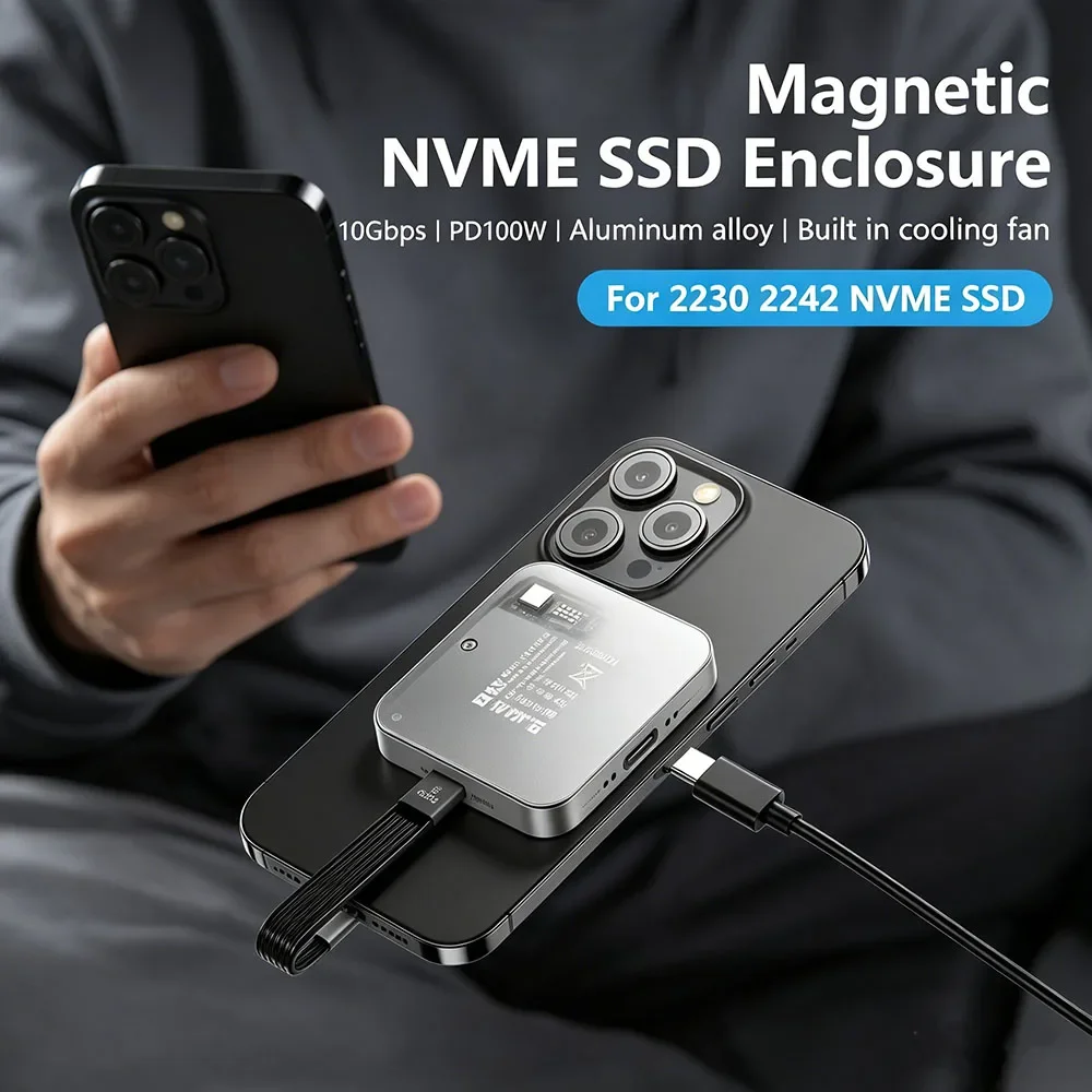 Magnetic M2 2230 2242 NVMe SSD Enclosure Premium NVMe PCIE Ssd Case Built in Cooling Fan 100W PD Charging Type C for Iphone Mac
Magnetic M2 2230 2242 NVMe SSD Enclosure Premium NVMe PCIE Ssd Case Built in Cooling Fan 100W PD Charging Type C for Iphone Mac