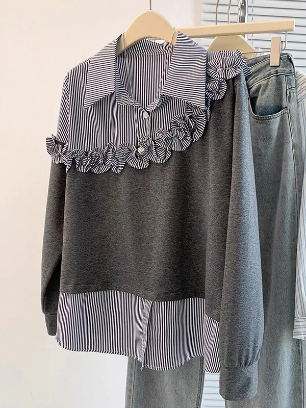 Fashionable Striped Shirt Women's Shoulder Flounce Large Size Trendy Spring Upper Apparel Commute Style Korean Loose Fit
Fashionable Striped Shirt Women's Shoulder Flounce Large Size Trendy Spring Upper Apparel Commute Style Korean Loose Fit
