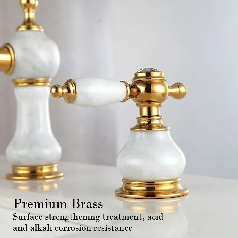 European Luxury Gold Brass Bathroom Faucet Hot Cold Water Mixer Tap with Three Holes for Shower Room Sink Marble Basin
European Luxury Gold Brass Bathroom Faucet Hot Cold Water Mixer Tap with Three Holes for Shower Room Sink Marble Basin
