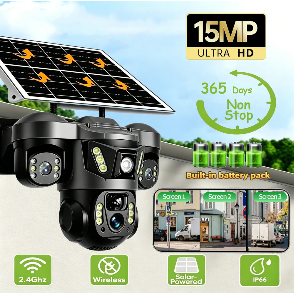 15MP Solar Camera Wireless Wifi Outdoor PTZ Three Lens 10X Zoom Night Vision Security System Video Surveillance Built-in Battery
15MP Solar Camera Wireless Wifi Outdoor PTZ Three Lens 10X Zoom Night Vision Security System Video Surveillance Built-in Battery