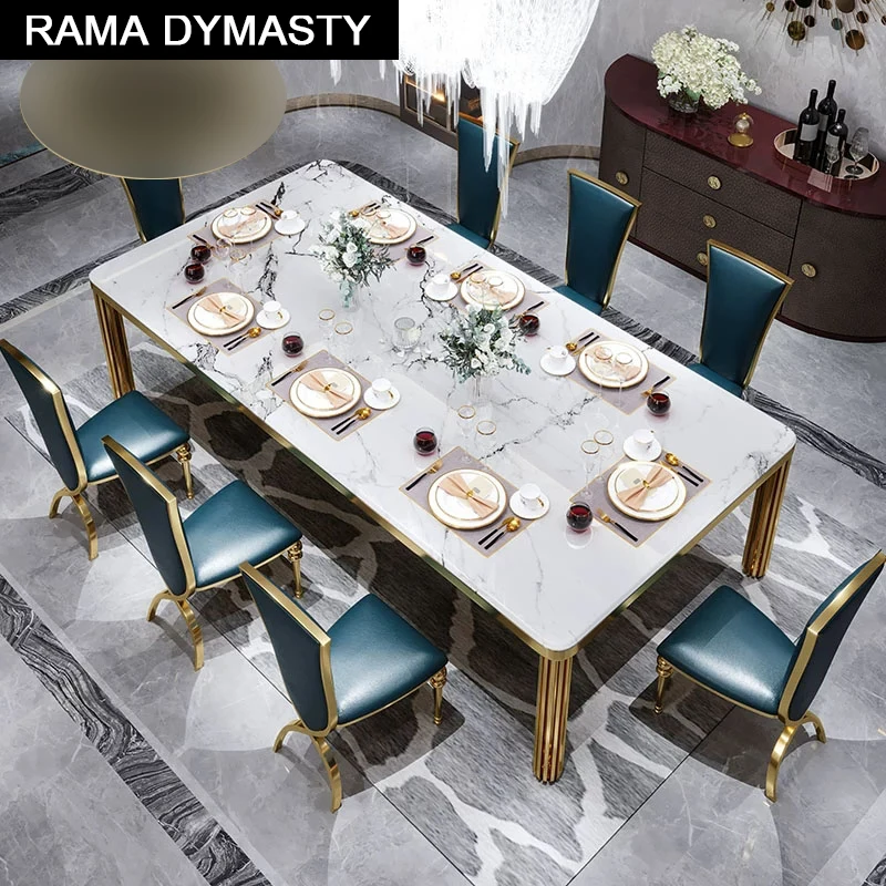 Rama Dymasty Роскошный обеденный набор из нержавеющей стали, мебель для дома, современный мраморный обеденный стол и стулья, прямоугольный стол
Rama Dymasty Роскошный обеденный набор из нержавеющей стали, мебель для дома, современный мраморный обеденный стол и стулья, прямоугольный стол
