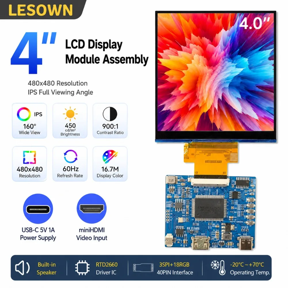 LESOWN 4" 480x480 Screen Setup Instant Play Square Monitor Unit with Speaker and MiniHDTV Board for Custom Chassis
LESOWN 4" 480x480 Screen Setup Instant Play Square Monitor Unit with Speaker and MiniHDTV Board for Custom Chassis
