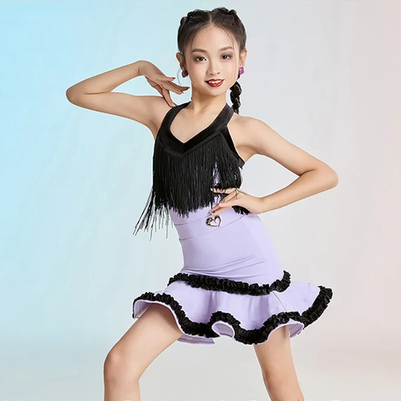 Latin Dance Performance Dress Girls Summer Halter Fringe Dance Suit Purple Skirt Children Rumba Cha Cha Practice Clothes
Latin Dance Performance Dress Girls Summer Halter Fringe Dance Suit Purple Skirt Children Rumba Cha Cha Practice Clothes