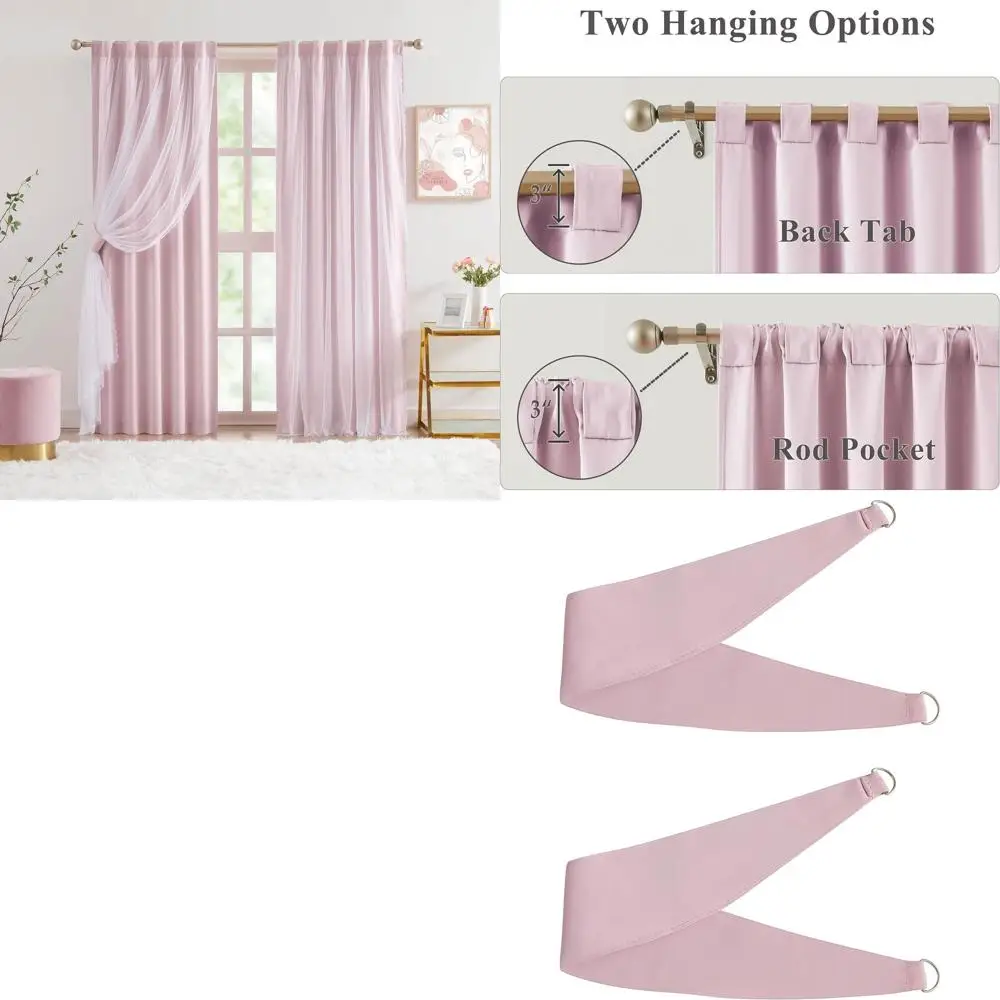 80% Room Darkening Pink Curtains with Sheer Overlay for Girls' Bedroom, Double Layer Drapes with Tiebacks, 37Wx84Lx2
80% Room Darkening Pink Curtains with Sheer Overlay for Girls' Bedroom, Double Layer Drapes with Tiebacks, 37Wx84Lx2