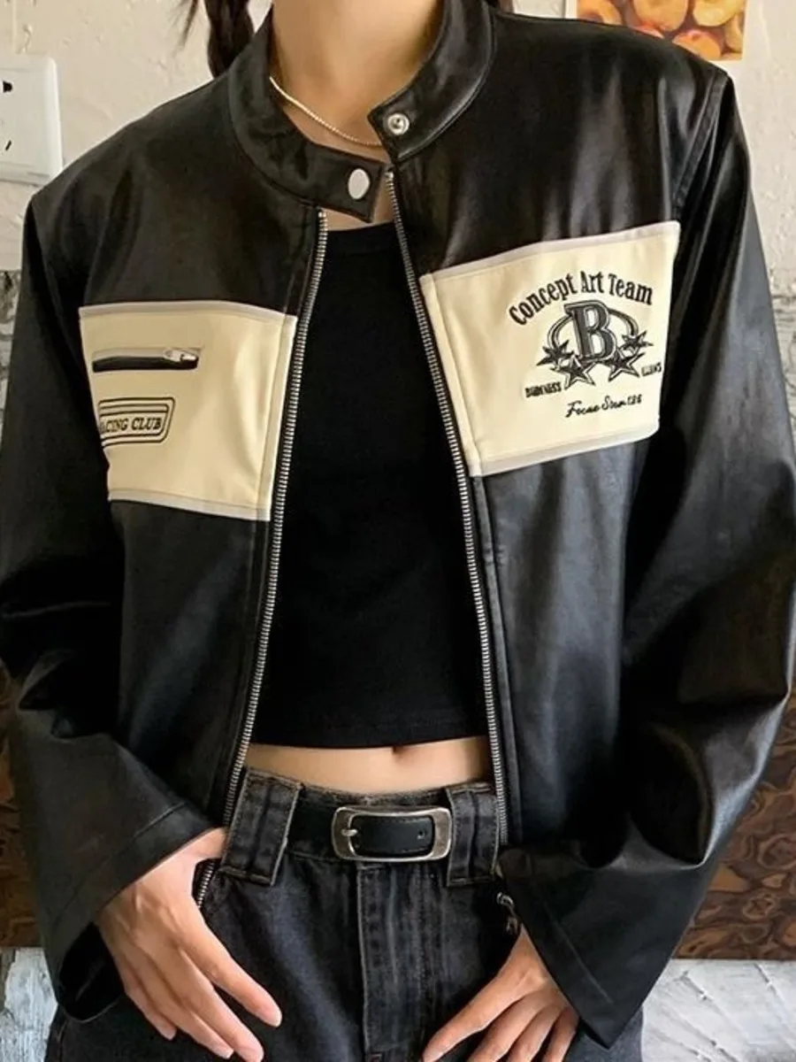 Women's Retro Color-Block Biker Jacket American Style Stand Collar Leather PU Coat for Spring Autumn Sweet & Cool Look Outerwear
Women's Retro Color-Block Biker Jacket American Style Stand Collar Leather PU Coat for Spring Autumn Sweet & Cool Look Outerwear
