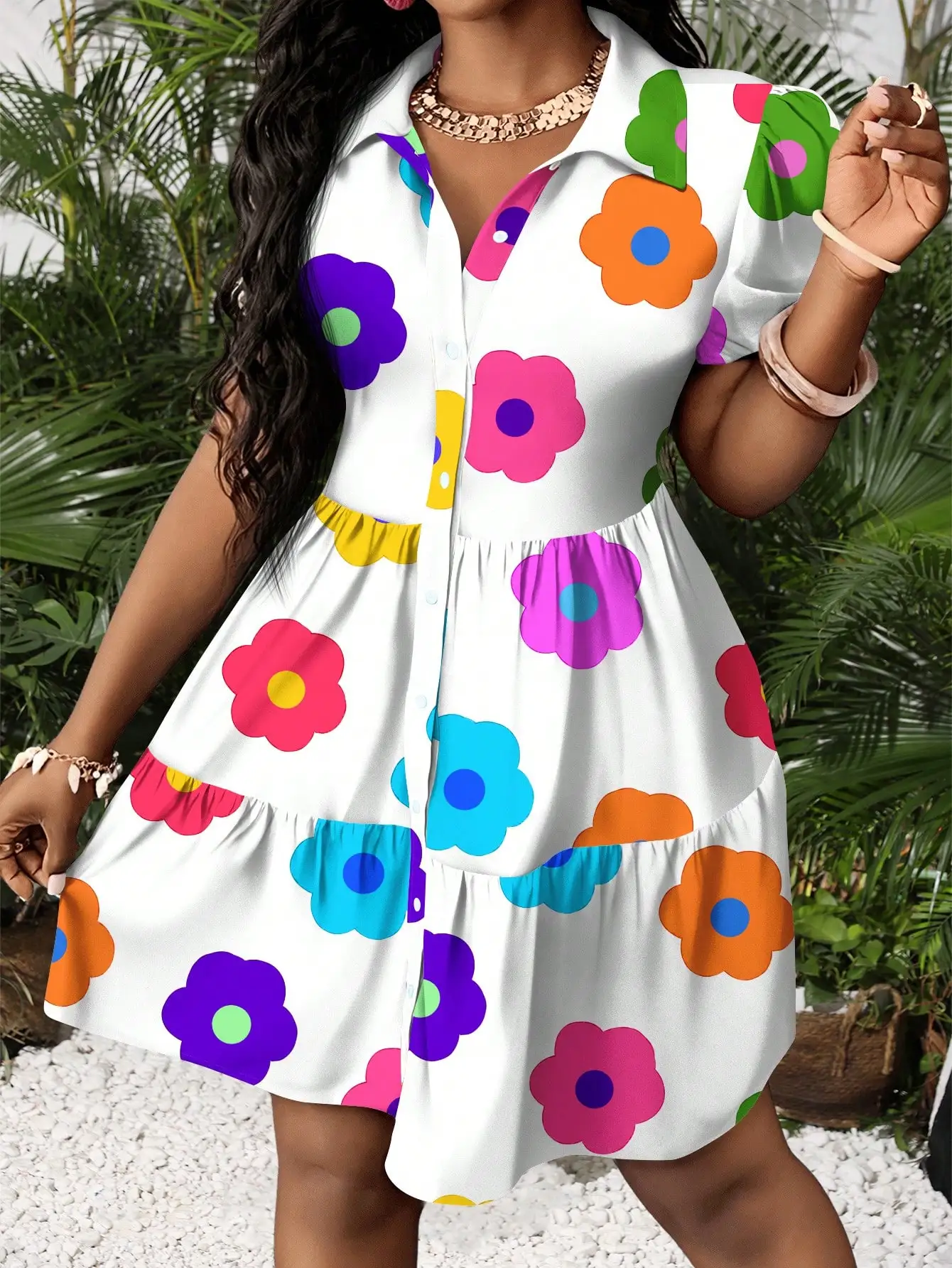 Women's White Floral Print Button-Up Mini Dress with Tiered Skirt
Women's White Floral Print Button-Up Mini Dress with Tiered Skirt