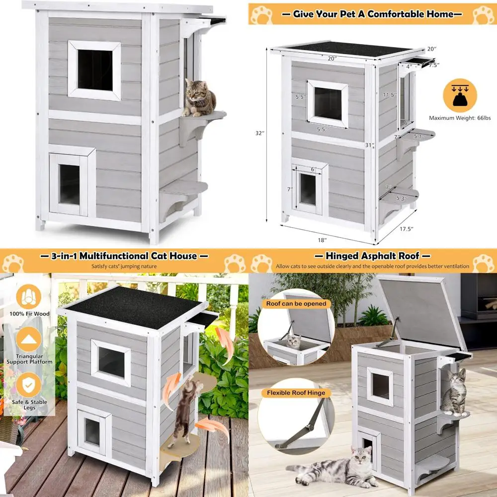 Two-Story Wooden Outdoor Cat Shelter with Escape Door, Openable Roof, Jumping Platforms, and Enclosure for Feline Comfort
Two-Story Wooden Outdoor Cat Shelter with Escape Door, Openable Roof, Jumping Platforms, and Enclosure for Feline Comfort