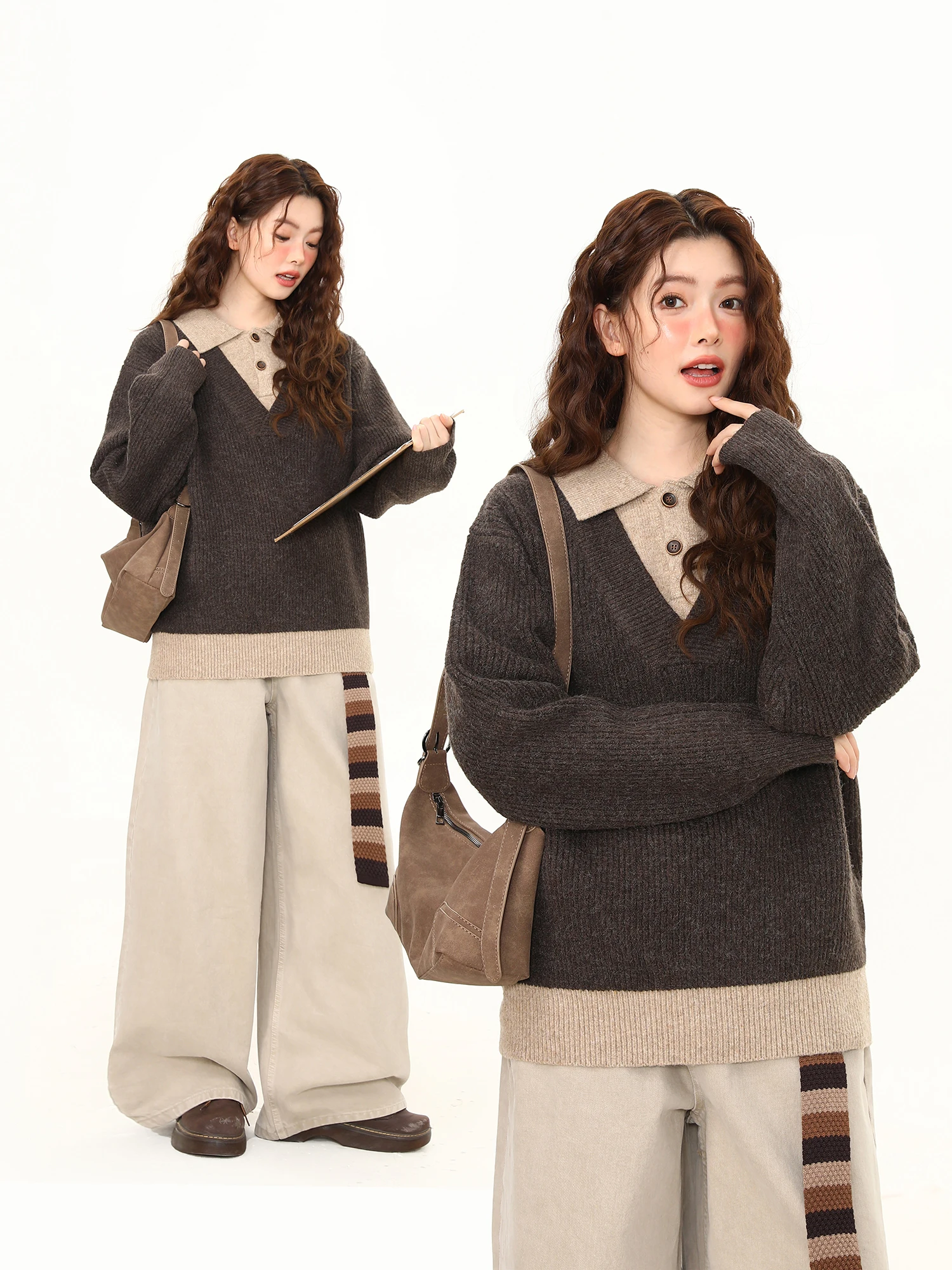 Wild Azizi Women's Knitted Sweater in Coffee Color Casual Sle Fake Two-Piece Design Loose Fit Long Sve for Autumn Winter
Wild Azizi Women's Knitted Sweater in Coffee Color Casual Sle Fake Two-Piece Design Loose Fit Long Sve for Autumn Winter