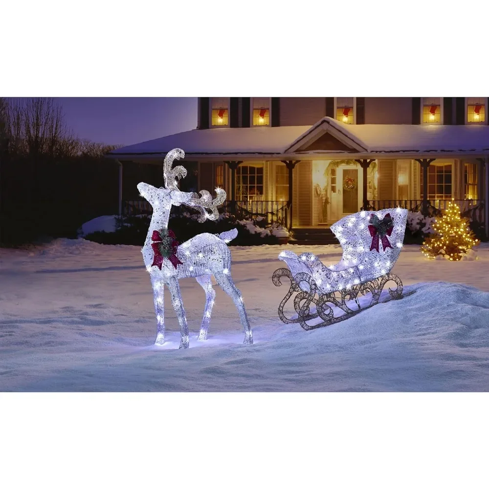 Pre-lit metal reindeer and sleigh Christmas decorations with bright LED lights,festive lawn decorations, and white with red bows
Pre-lit metal reindeer and sleigh Christmas decorations with bright LED lights,festive lawn decorations, and white with red bows
