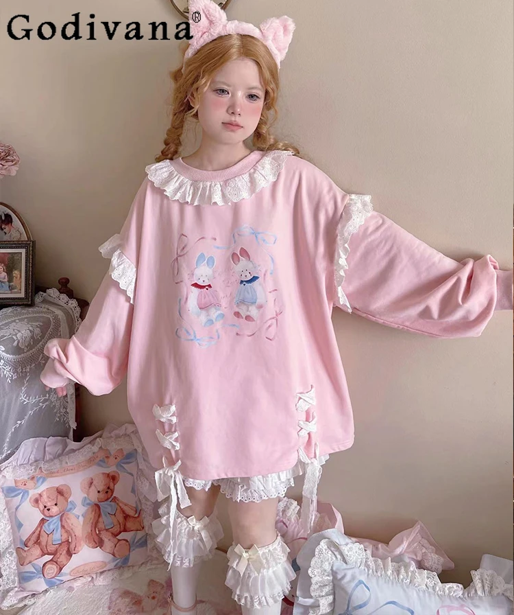 Girly Sweet Cute Lace Print Straps Pink Hoodies Women Autumn Winter New Fashion Loose Large Size Casual Pullover Kawaii Clothes
Girly Sweet Cute Lace Print Straps Pink Hoodies Women Autumn Winter New Fashion Loose Large Size Casual Pullover Kawaii Clothes