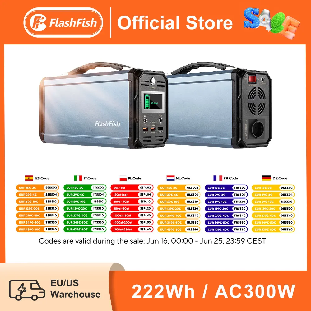 Flashfish Power Station 300W Portable AC Outlet 222Wh Solar Generator Energy Station Backup Power for Outdoor Camping RV Home
Flashfish Power Station 300W Portable AC Outlet 222Wh Solar Generator Energy Station Backup Power for Outdoor Camping RV Home