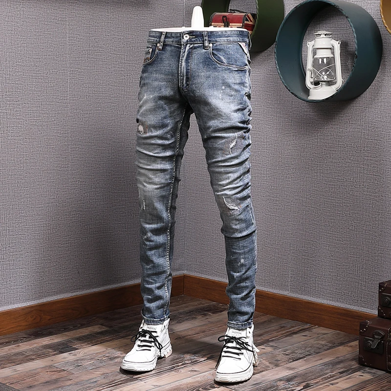 Street Fashion Men Jeans Retro Washed Blue Stretch Slim Fit Ripped Jeans Men Embroidery Patched Designer Vintage Denim Pants
Street Fashion Men Jeans Retro Washed Blue Stretch Slim Fit Ripped Jeans Men Embroidery Patched Designer Vintage Denim Pants