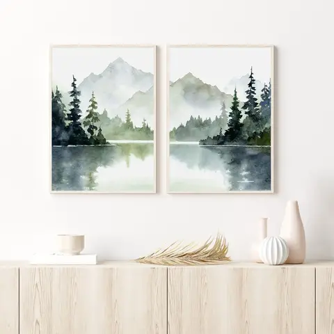 Misty Mountain Lake Watercolor Posters Prints Teal Foggy Forest Tree Canvas Painting Wall Art Picture for Living Room Home Decor