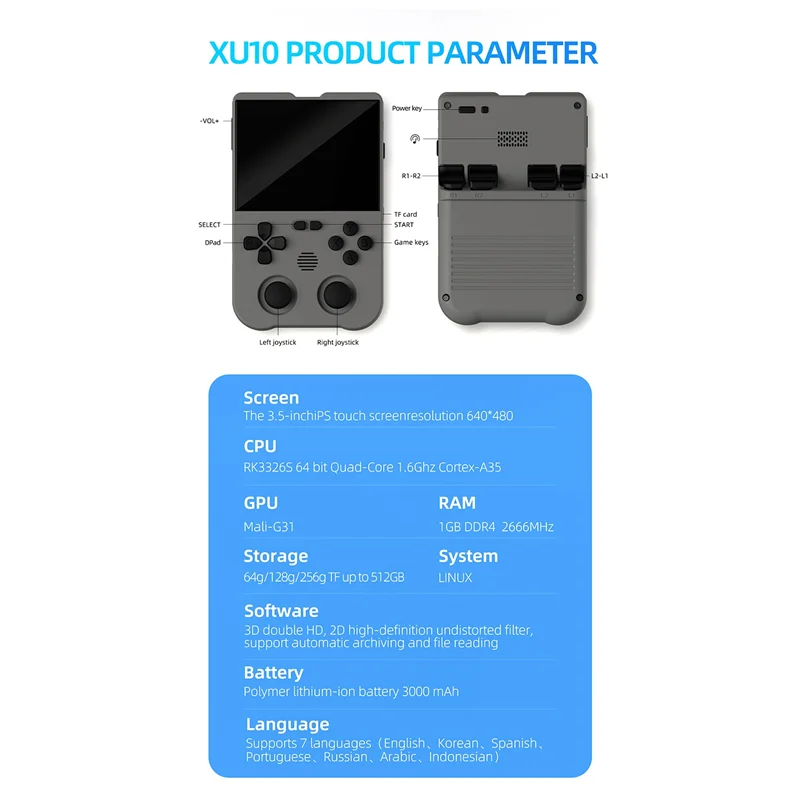 XU10 Game Console 3.5 Inch IPS Screen 128G Arcade Retro Dual Joystick 3D Game Player RK3326S 64Bit 3000Mah Gray Durable
XU10 Game Console 3.5 Inch IPS Screen 128G Arcade Retro Dual Joystick 3D Game Player RK3326S 64Bit 3000Mah Gray Durable