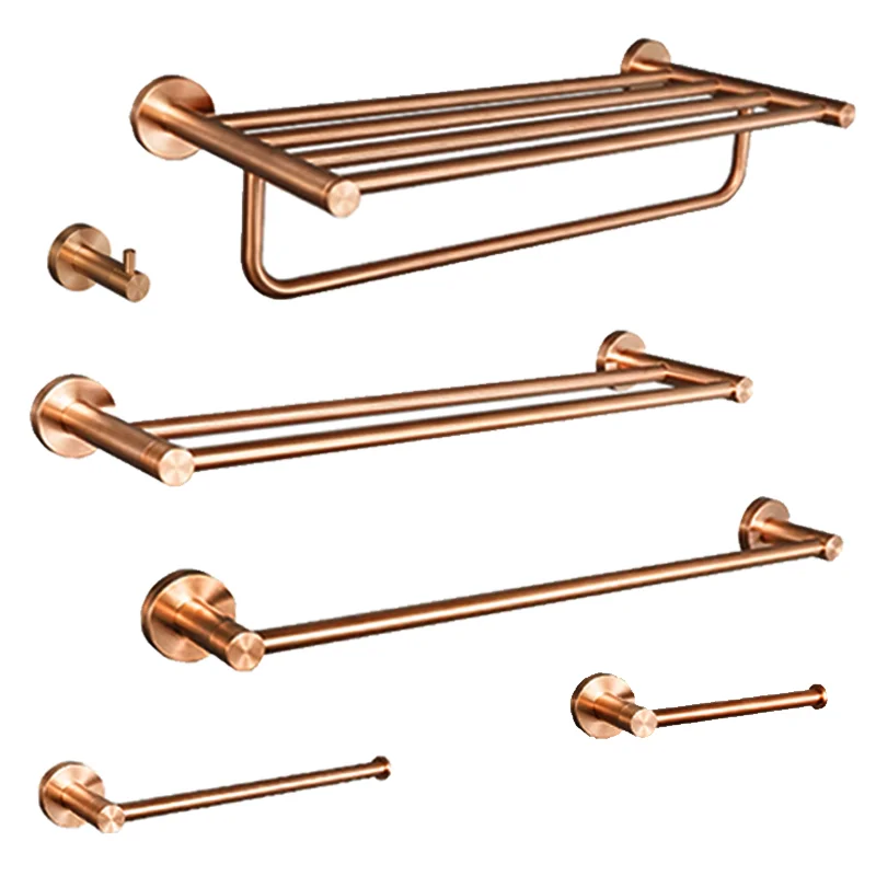 Brushed Rose Gold Stainless Steel Bathroom Accessories Set Wall-Mounted with Towel Stick Toilet Paper Holder Robe Hook Soap Dish 
Brushed Rose Gold Stainless Steel Bathroom Accessories Set Wall-Mounted with Towel Stick Toilet Paper Holder Robe Hook Soap Dish