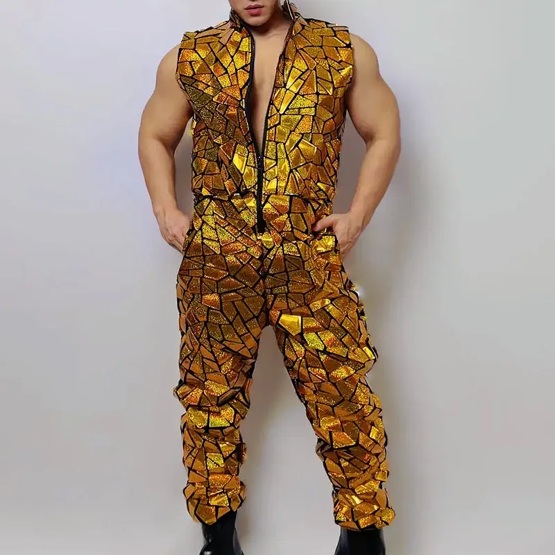 Men Gold Laser Sequin Sleeveless Jumpsuit Male Hip Hop Jazz Dance Team Singer Performance Stage Costume for Carnival Party Show
Men Gold Laser Sequin Sleeveless Jumpsuit Male Hip Hop Jazz Dance Team Singer Performance Stage Costume for Carnival Party Show