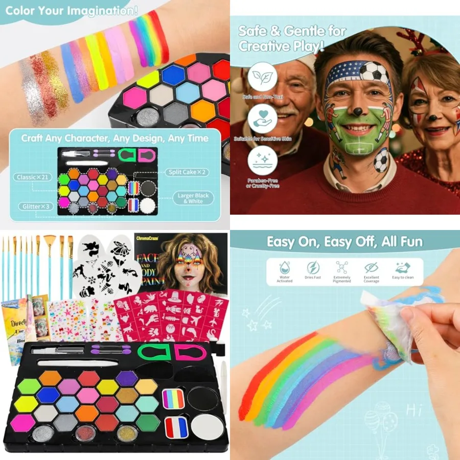Набор для рисования на лице: 24 цвета, водостойкая нетоксичная палитра красок для лица с кистями и трафаретами, мелки для волос, стразы, блестки, карандаши
Набор для рисования на лице: 24 цвета, водостойкая нетоксичная палитра красок для лица с кистями и трафаретами, мелки для волос, стразы, блестки, карандаши