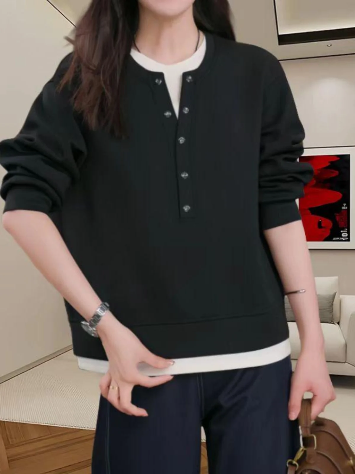 Loose Long Sleeve round Neck Hoodie Fake Two-Piece Women's Base Shirt Slimming Spring New plus Size Big MM High-End Feeling
Loose Long Sleeve round Neck Hoodie Fake Two-Piece Women's Base Shirt Slimming Spring New plus Size Big MM High-End Feeling