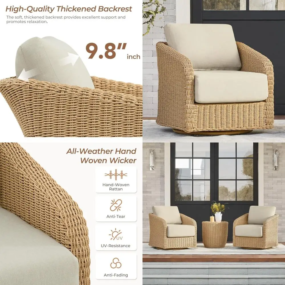 Swivel Patio Chairs with Cushions, Outdoor Wicker Furniture for Garden, Deck, and Porch
Swivel Patio Chairs with Cushions, Outdoor Wicker Furniture for Garden, Deck, and Porch