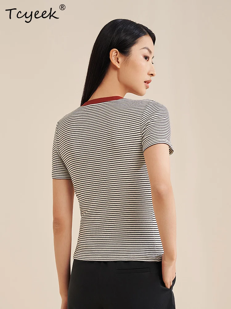 Tcyeek, 69%Natural Silk Elegant Knit T-Shirt, Women Short Sleeve Striped, Retro Commute Blouses, 2024 Summer Autumn T478134QM
Tcyeek, 69%Natural Silk Elegant Knit T-Shirt, Women Short Sleeve Striped, Retro Commute Blouses, 2024 Summer Autumn T478134QM