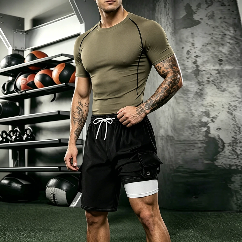 Men 2Pcs Athletic Training Compression Short Sleeve T Shirt with Pocket Double Layer Cargo Shorts Set For Gym Swimming Tracksuit
Men 2Pcs Athletic Training Compression Short Sleeve T Shirt with Pocket Double Layer Cargo Shorts Set For Gym Swimming Tracksuit