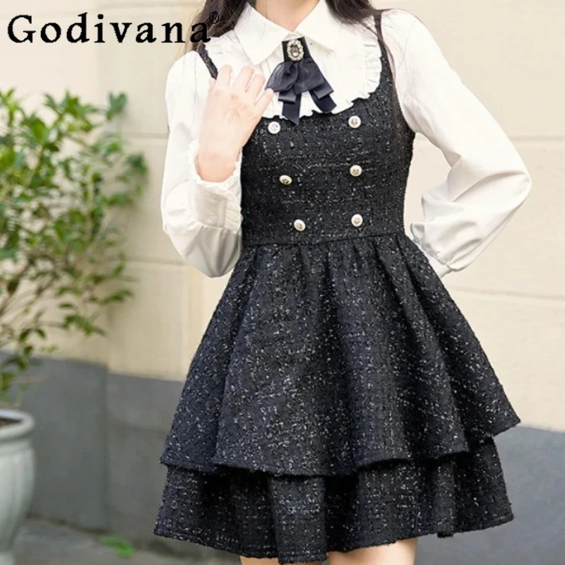 Lolita French Fake Two-piece Long Sleeve Cake Dress 2025 Spring New Girl Turn-down Collar High Waist A-line Age-reducing Dresses 
Lolita French Fake Two-piece Long Sleeve Cake Dress 2025 Spring New Girl Turn-down Collar High Waist A-line Age-reducing Dresses