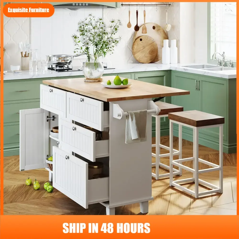 Farmhouse Kitchen Island Set with Drop Leaf and 2 Seatings,Dining Table Set with Storage Cabinet, Drawers and Towel Rack 
Farmhouse Kitchen Island Set with Drop Leaf and 2 Seatings,Dining Table Set with Storage Cabinet, Drawers and Towel Rack