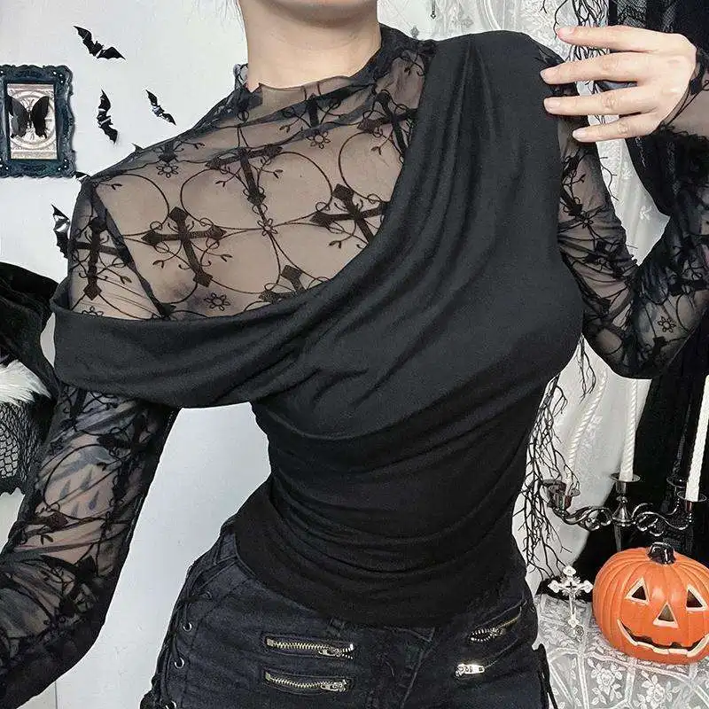 Deeptown Black Lace Women T-Shirts Y2k Gothic Sexy Long Sleeve See-through Korean Fashion Tees Slim Off Shoulder Aesthetic Gyaru
Deeptown Black Lace Women T-Shirts Y2k Gothic Sexy Long Sleeve See-through Korean Fashion Tees Slim Off Shoulder Aesthetic Gyaru