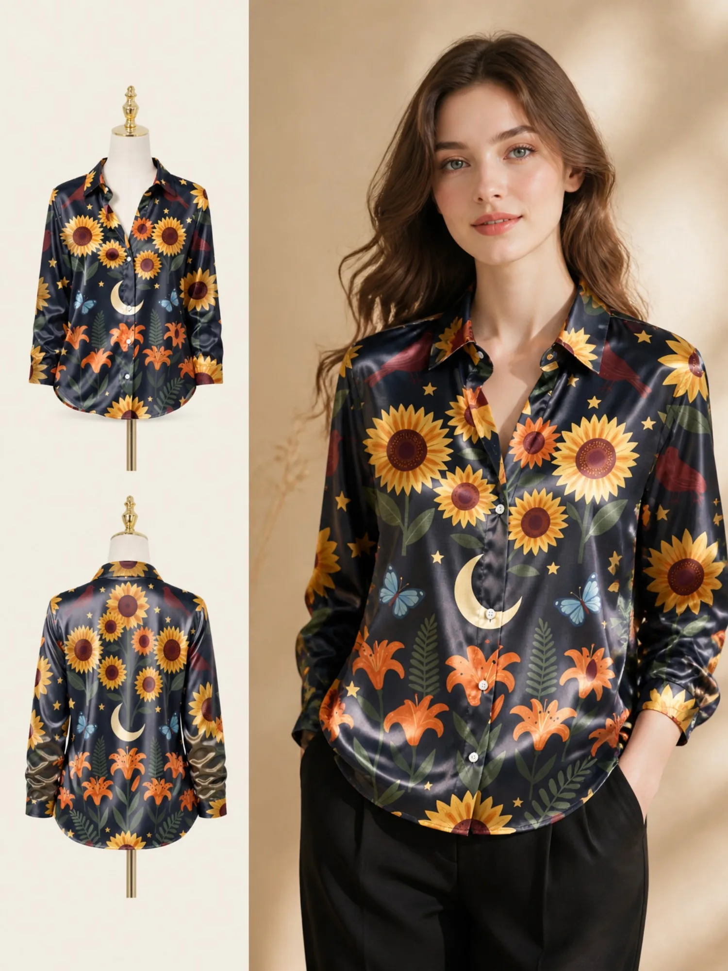 Navy Sunflower Moon Satin Blouse for Women Long Sleeve Button Down Shirt Night Garden Casual Top
Navy Sunflower Moon Satin Blouse for Women Long Sleeve Button Down Shirt Night Garden Casual Top