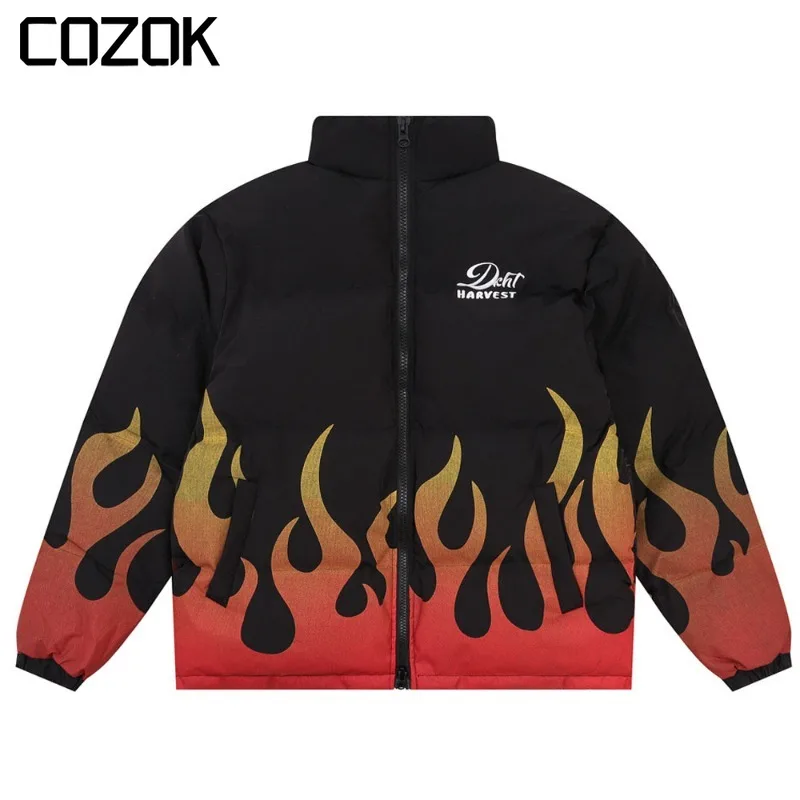 Flame Print Padded Jacket Mens Winter Streetwear Loose Drawstring Hem Long Sleeve Stand collar Thick Warm Quilted Outwear
Flame Print Padded Jacket Mens Winter Streetwear Loose Drawstring Hem Long Sleeve Stand collar Thick Warm Quilted Outwear