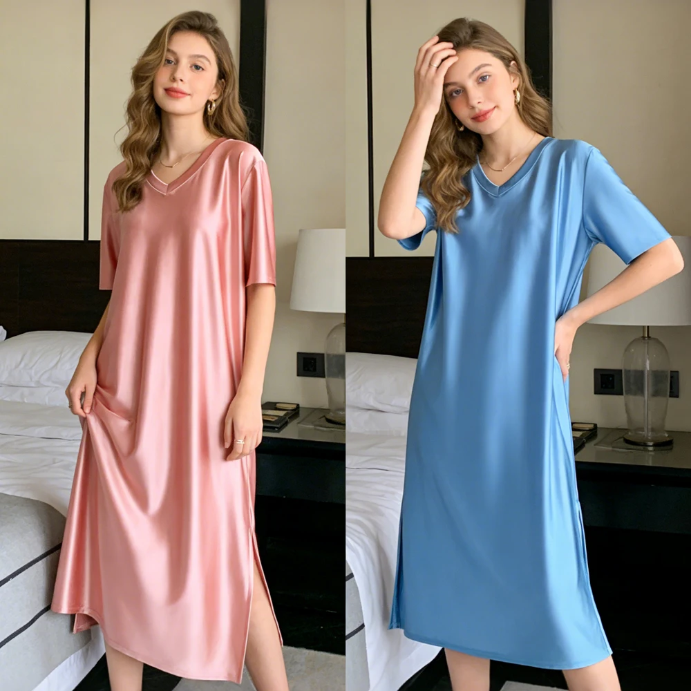 MJINM Women Silky Oil Smooth Long Dresses V-Neck Short Sleeve Comfortable Beach Casual Glossy Loose Housewear Pajamas Nightdress
MJINM Women Silky Oil Smooth Long Dresses V-Neck Short Sleeve Comfortable Beach Casual Glossy Loose Housewear Pajamas Nightdress