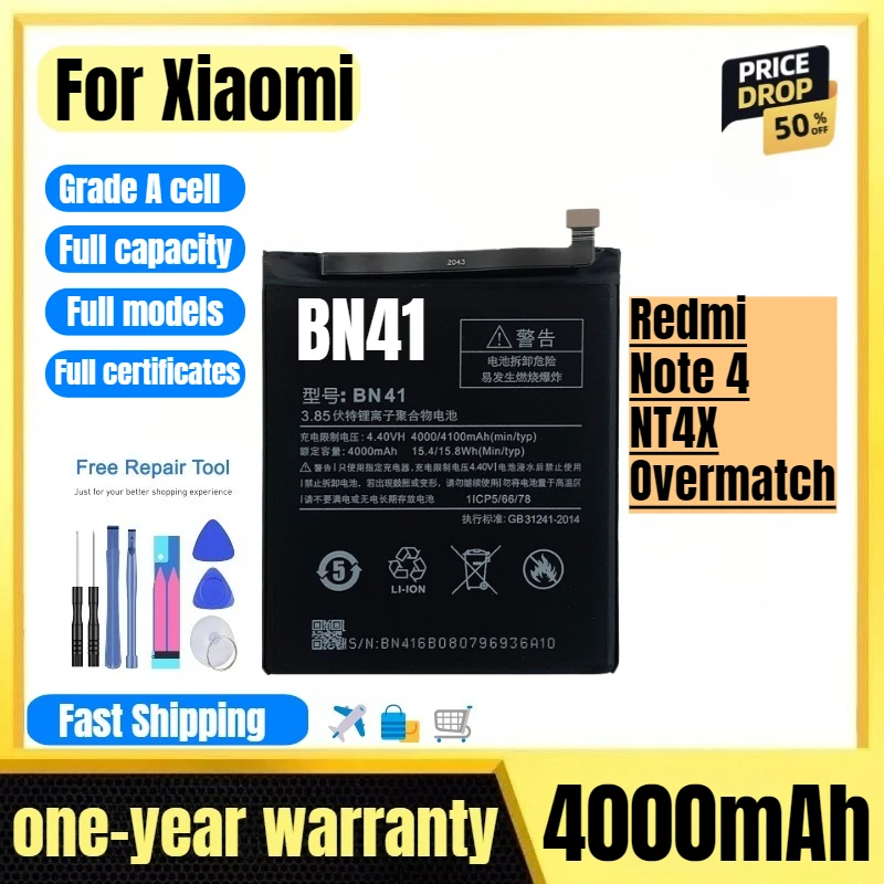 BN41 for Xiaomi Redmi Note 4/NT4X Overmatch Phone Battery High Quality High Capacity Replacement Bateria Grade A Cells with Tool
BN41 for Xiaomi Redmi Note 4/NT4X Overmatch Phone Battery High Quality High Capacity Replacement Bateria Grade A Cells with Tool