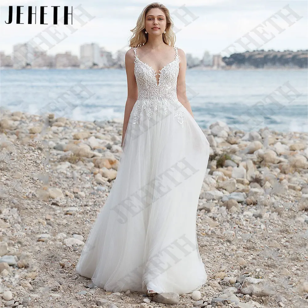 JEHETH Sleeveless Backless A-Line Wedding Dresses Spaghetti Straps Tulle Bride Gowns Appliques V-Neck vestido de casamento 2024
JEHETH Sleeveless Backless A-Line Wedding Dresses Spaghetti Straps Tulle Bride Gowns Appliques V-Neck vestido de casamento 2024