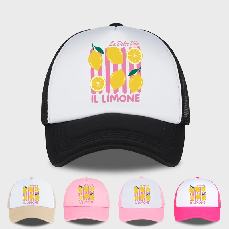 Trucker Hat with "La Dolce Vita" Lemon Print - Breathable Mesh Back Baseball Cap - for Summer Vacations & Instagram OOTD
Trucker Hat with "La Dolce Vita" Lemon Print - Breathable Mesh Back Baseball Cap - for Summer Vacations & Instagram OOTD