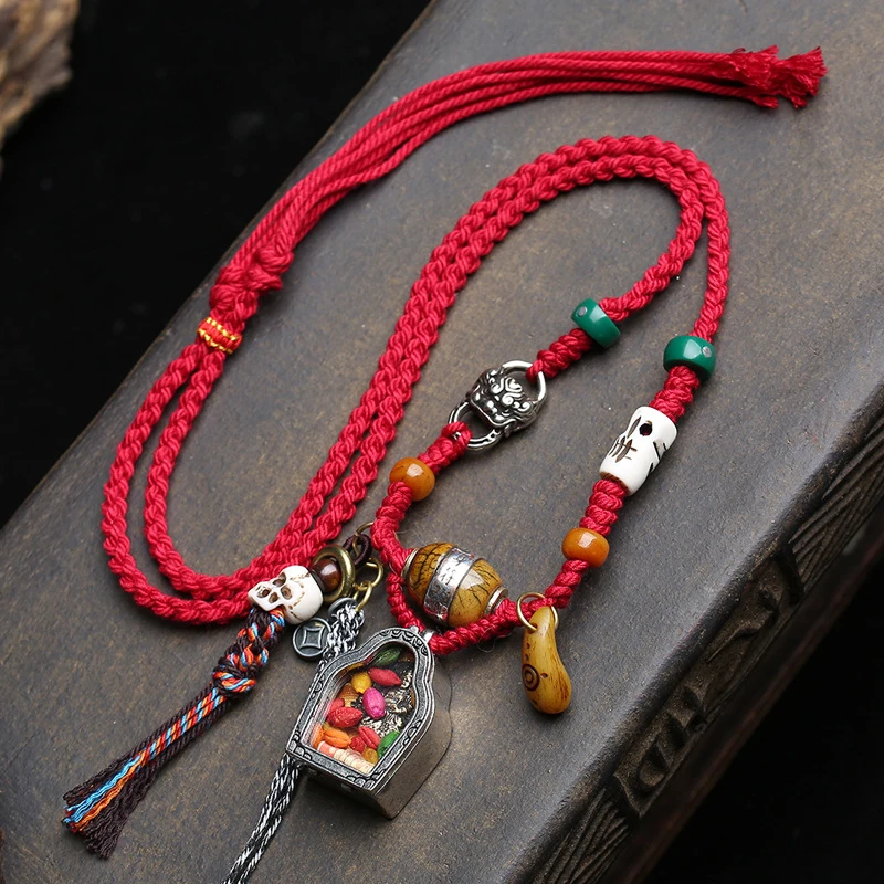 Braided rope necklace with yellow wealth god Gahu box pendant, vintage bone tassel accessory, sweater chain
Braided rope necklace with yellow wealth god Gahu box pendant, vintage bone tassel accessory, sweater chain