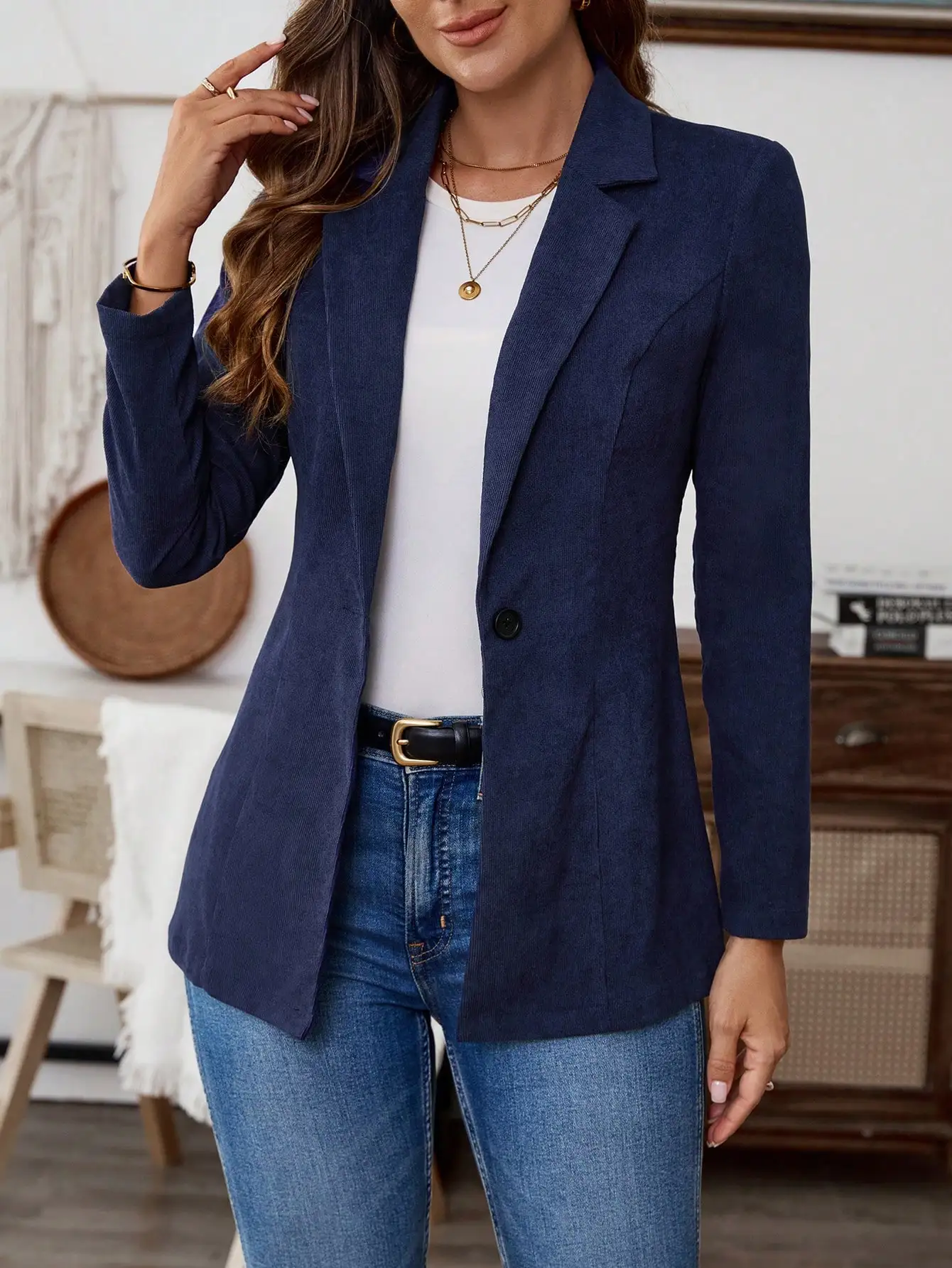 Women's Navy Blue Solid Lapel Single-Button Long Sleeve Blazer Jacket for Spring Fall
Women's Navy Blue Solid Lapel Single-Button Long Sleeve Blazer Jacket for Spring Fall