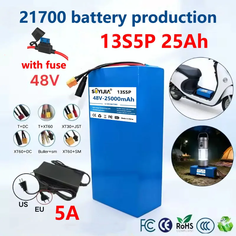 48V 25ah 21700 5000mAh 13S5P Lithium Battery Pack 48V 25AH 1500W Electric Bicycle Battery Built in 30A BMS T/XT90/XT60
48V 25ah 21700 5000mAh 13S5P Lithium Battery Pack 48V 25AH 1500W Electric Bicycle Battery Built in 30A BMS T/XT90/XT60
