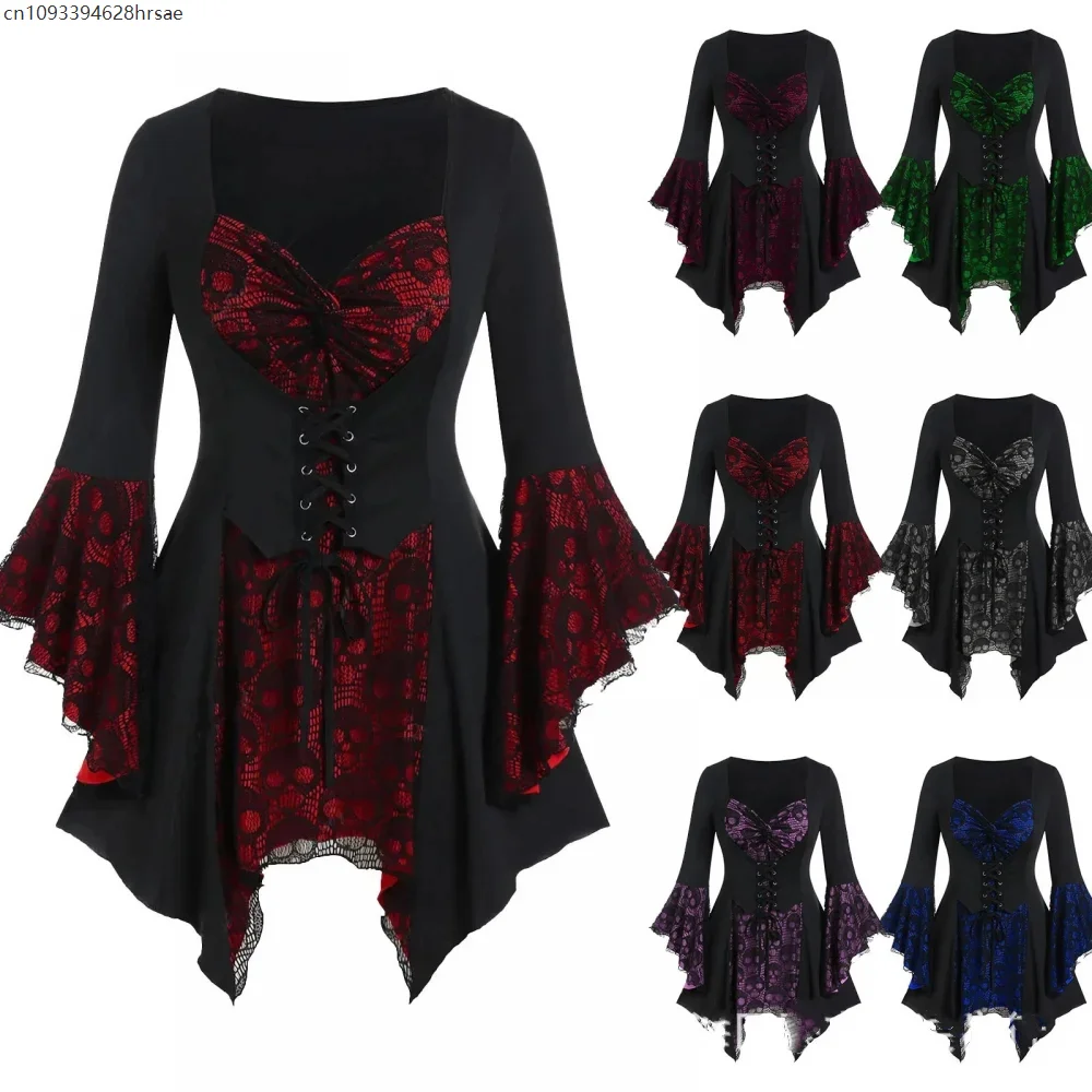 Women Plus Size T shirt Gothic Punk Lace Bandage Sexy V-Neck Flare Sleeve Lace Patchwork Irregular Hem Corset Tee Tops Halloween
Women Plus Size T shirt Gothic Punk Lace Bandage Sexy V-Neck Flare Sleeve Lace Patchwork Irregular Hem Corset Tee Tops Halloween