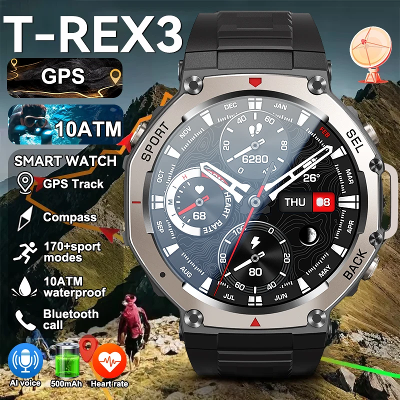 T-Rex 3 Men Military GPS Smart Watch Compass 10ATM Waterproof 170+Sport Mode 500mAh Battery Heart Rate Bluetooth Call Smartwatch
T-Rex 3 Men Military GPS Smart Watch Compass 10ATM Waterproof 170+Sport Mode 500mAh Battery Heart Rate Bluetooth Call Smartwatch
