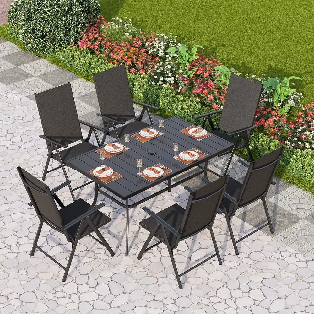 7-Piece Outdoor Dining Set: Black Metal Table with 6 Adjustable Chairs
7-Piece Outdoor Dining Set: Black Metal Table with 6 Adjustable Chairs